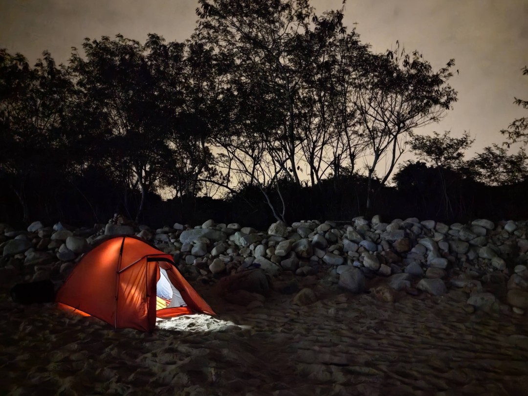 一个帐篷搭建在草坡上,夜空繁星点点,远处可见香港维港灯火,突显偏远露营与城市文明的对比